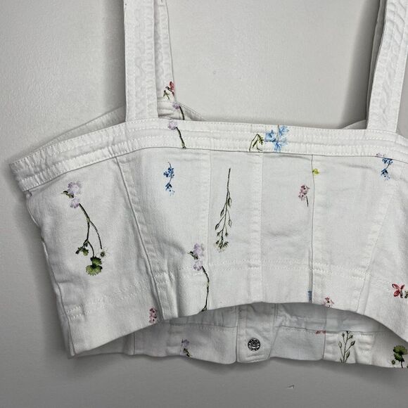 PARKER Womens Ivory Floral Denim Bustier Snap-Front Crop Top EUC Ivan Sz Large L - Picture 7 of 10